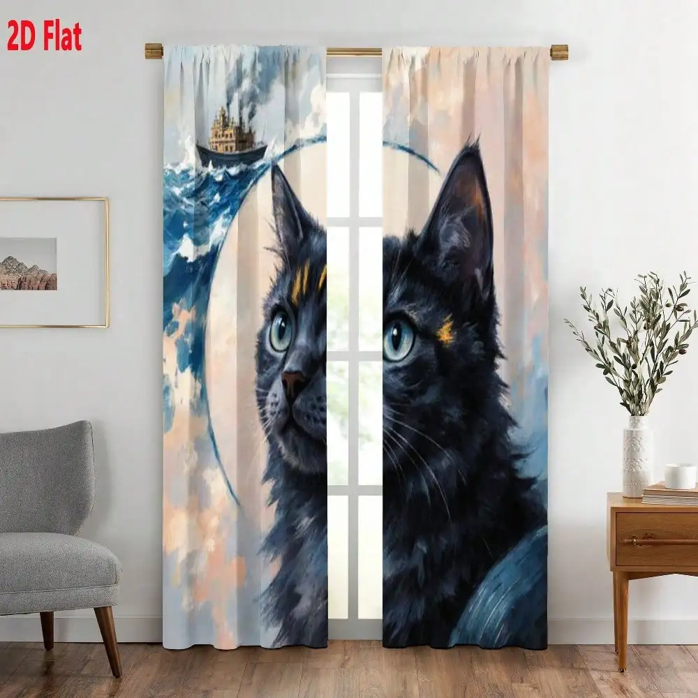 Black Cat Curtain, Moon and Boat Print Blackout Curtains, Fantasy Animal Art Drapes, Realistic Cat Face Design, 2 Panels