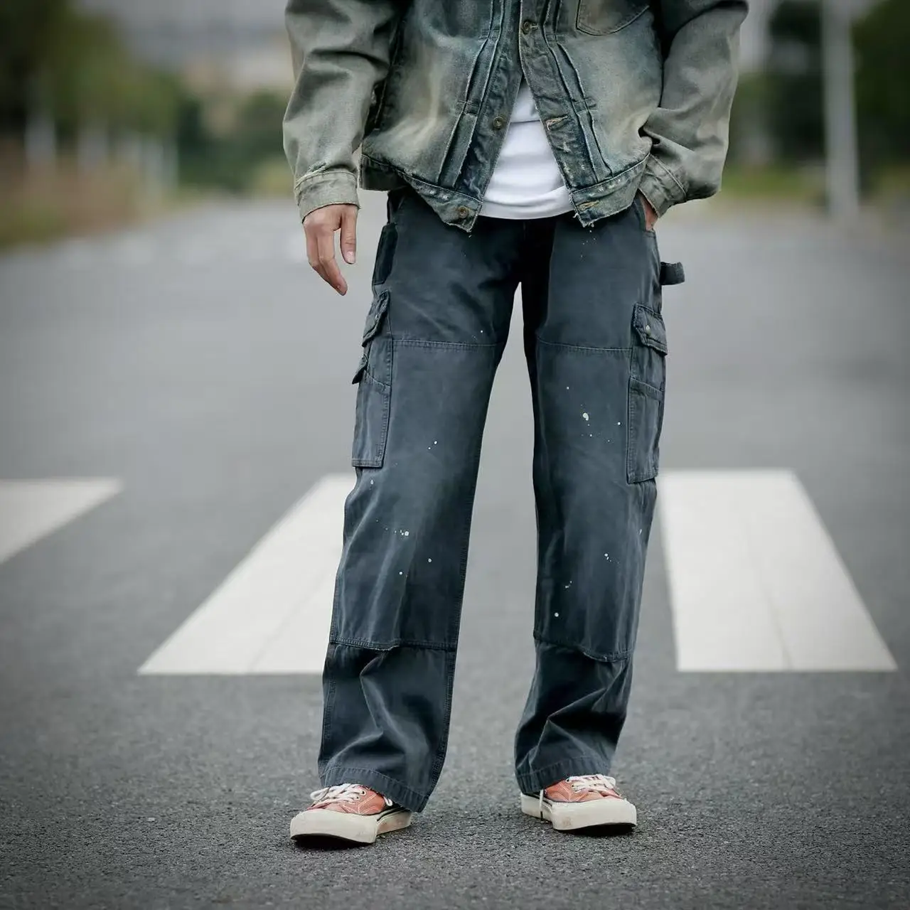 

Woodenhea B342 Men's Casual Cotton Work Pants Vintage Waed Distred Dyeing Straight Leg Loose Fit Spring Seasonal Use