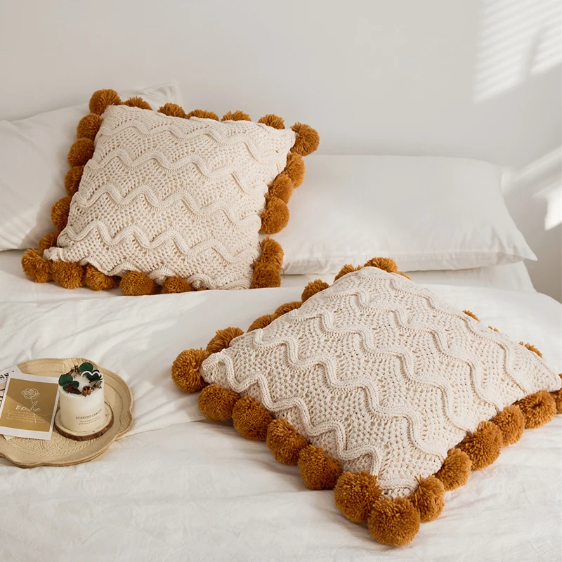 Soft Cushion Cover Pompom Ball Ivory Burnt Orange Grey Knit Nordic Style Pillowcase 45*45cm For Sofa Bed Room Home Decorative