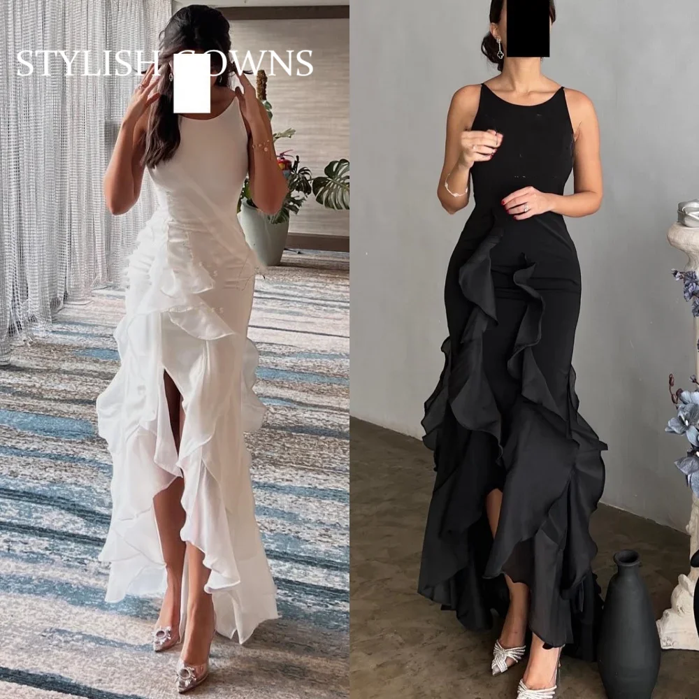 

Customized O Neck Evening Dress Sleeveless Mermaid Floor Length Ruffles Layered Chiffon Slit Formal Gown فساتين مناسبة