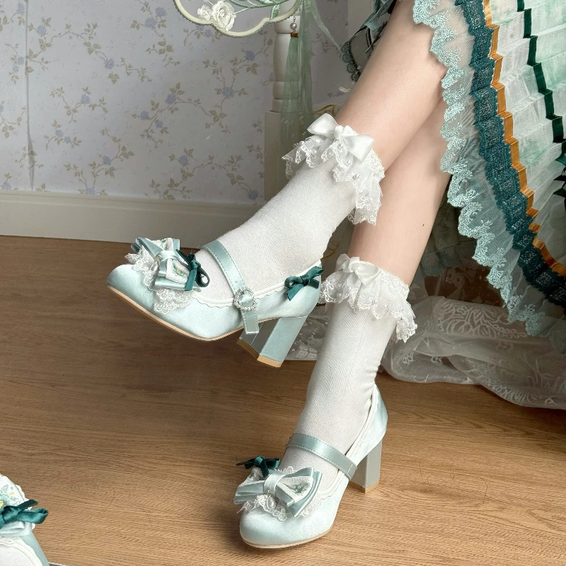 Chinese style original  porcelain 6CM thick high heel pointed high heels women's satin pearl elegant cla high heels lolita