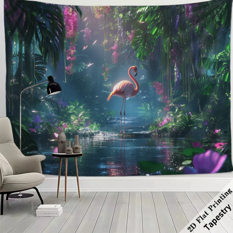 Tropical Pink Flamingo Jungle Nature Aesthetic Wall Tapestry Decoration