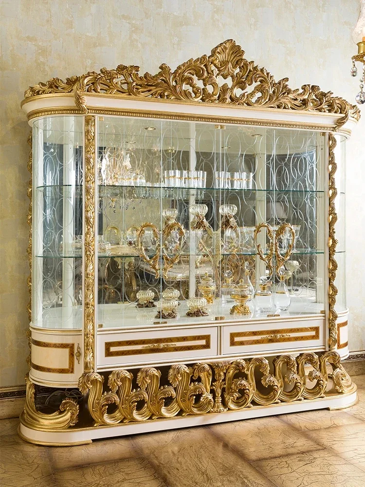 النمط الأوروبي فيلا قاعة النبيذ عرض خزانة خشب متين الذهب احباط غرفة المعيشة جدار خزانة التخزين #1