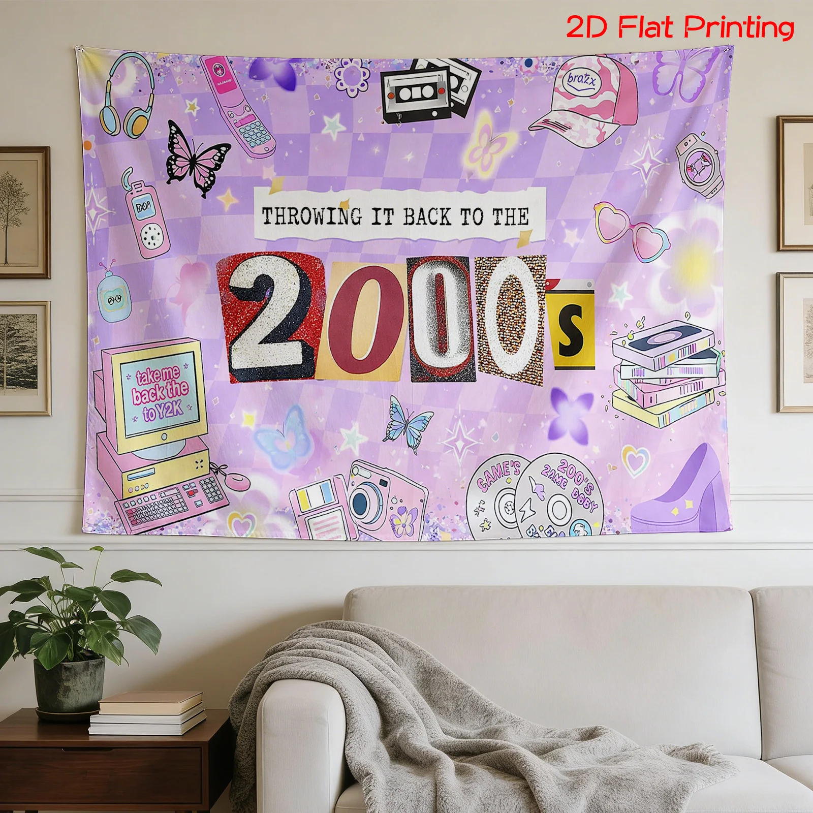 1pc Y2K 2000s Nostalgia Tapestry Purple Checkered Retro 00s Trend Wall Hanging Dorm Bedroom Decor aesthetic room decor pink room
