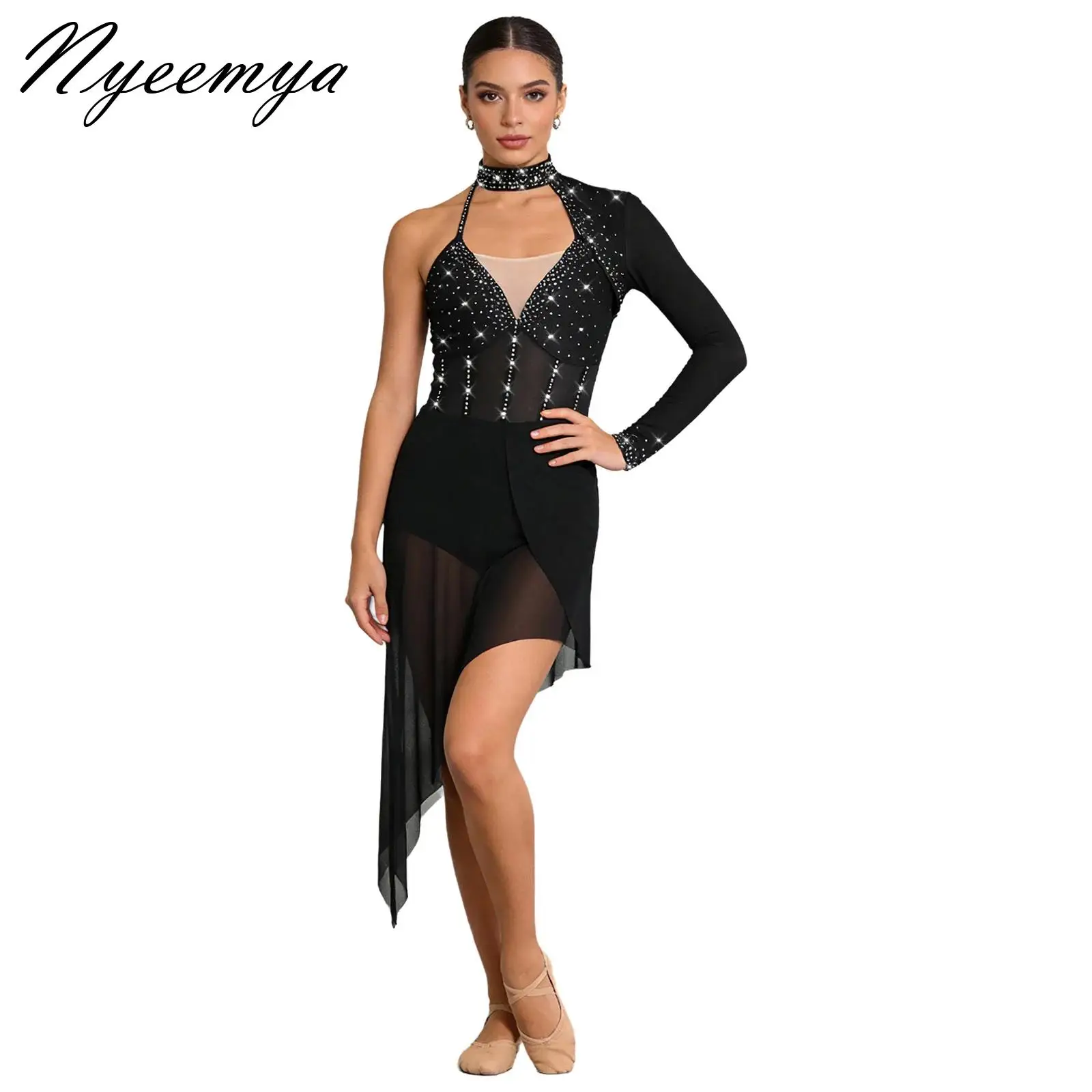 

Gymnastics Ballet Lyrical Dance Performance Costume for Womens Modern Ballroom Dance Rhinestones Gymnastics Bodysuit Dress