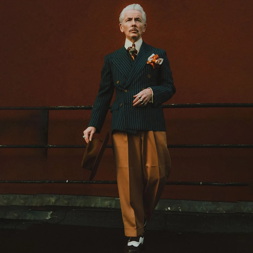 

Роскошные мужские костюмы для официальной свадьбы, мужская одежда, высококачественная полосатая двубортная куртка с лацканами, облегающий комплект из двух предметов, куртка и брюки