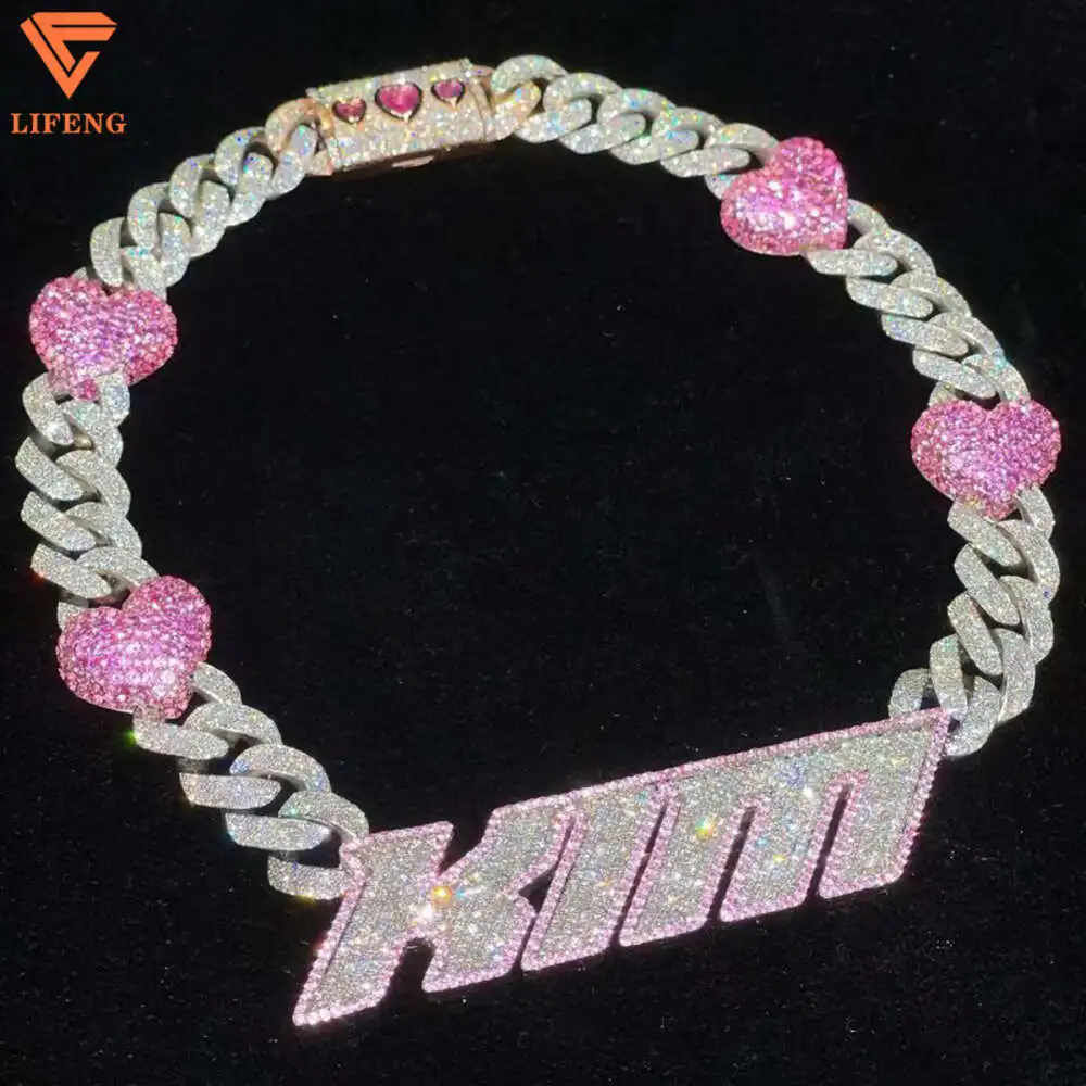 Fashion Hiphop Jewelry S925 Pink Love Heart Fancy Cut Necklace Iced Out Vvs Moissanite Cuban Link Chain with Letter Charm