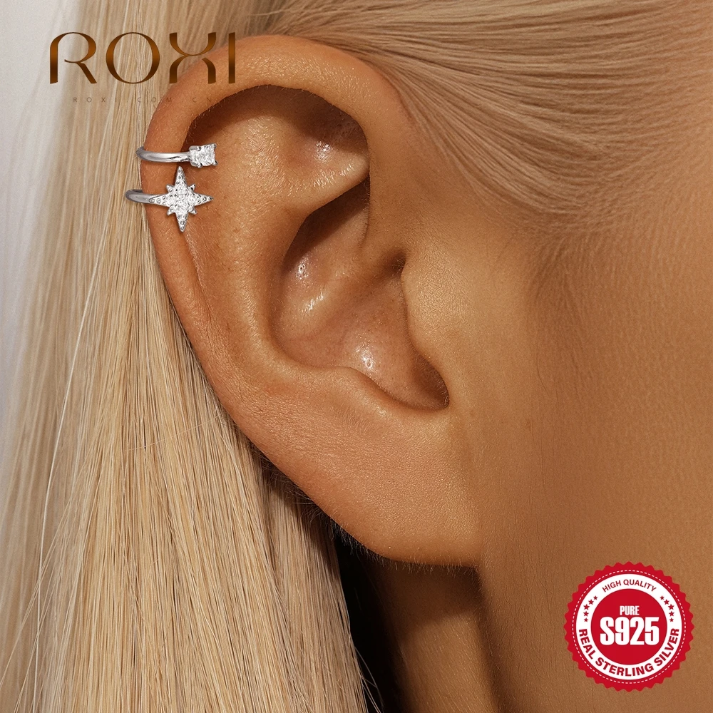 

ROXI 925 Sterling Silver Octagonal Star Double layered Classic Diamond Earclip For Women Non Pierced Dainty Trendy Clip Earrings