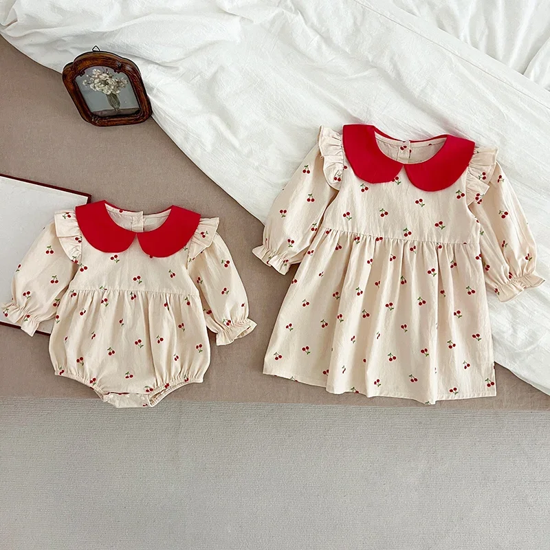 Sisters Clothes Infant Baby Girls Ruffled Dress Rompers Sisters Baby Girls Cherry Print Princess Dress Family Clothes Rompers