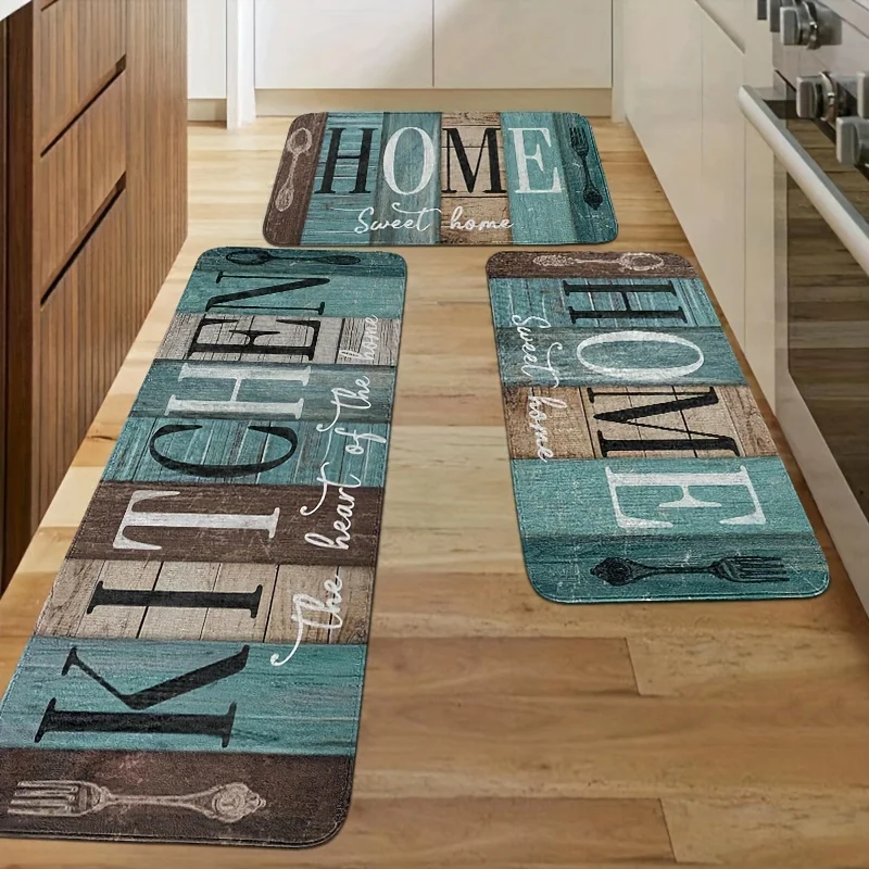 Farmhouse Kitchen Mat , Retro Green Brown Blue Flannel Non-Slip Soft Rug with 8mm Sponge for Multi-Room Decor