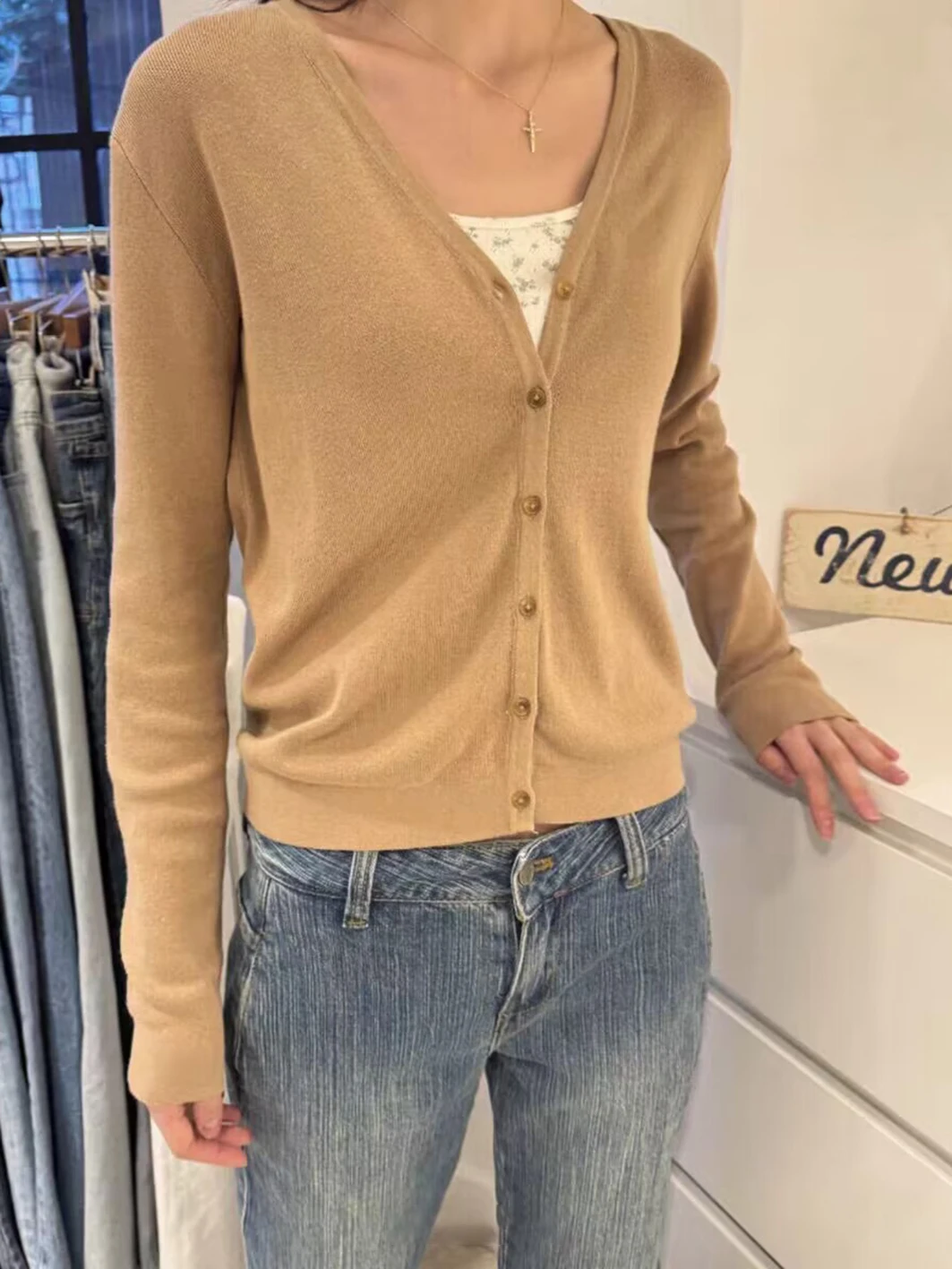 

Solid Simple Knitted Sweater Cardigan Woman V-neck Long Sleeve Casual Sweaters Coat Spring All-match Sweet Preppy Style Knitwear