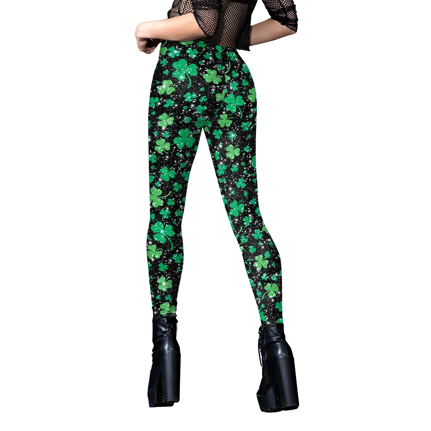 Dameslegging Hoge taille Skinny push-up legging Elastische klaver Klaverprint Ierse festivalbroek Broek