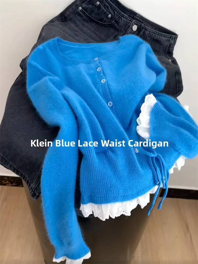 

Klein Blue Lace Splicing Knitted Open Cardigan Women's Autumn Winter Waist Cinching Belted Anti Aging Top Self Preservation M...