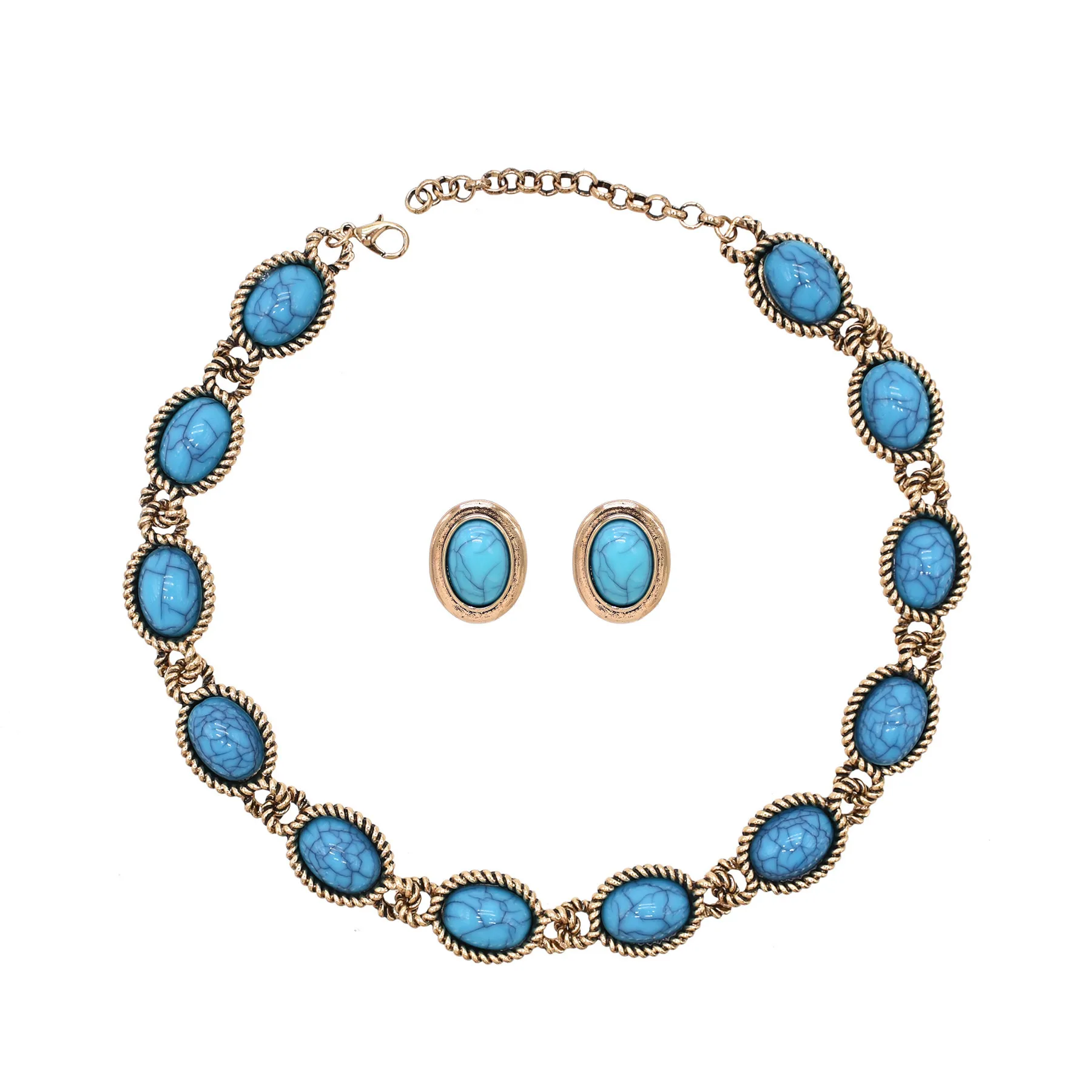 

Oval Blue Acrylic Gemstone Imitation Turquoise Choker Necklace Earrings Set