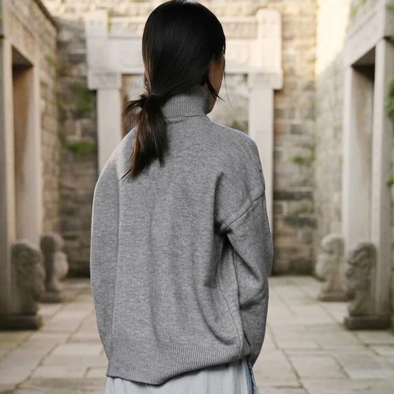 Automne et hiver col roulé couleur grise pull en laine femme ample chaud casual pull tricot pull ample veste hauts