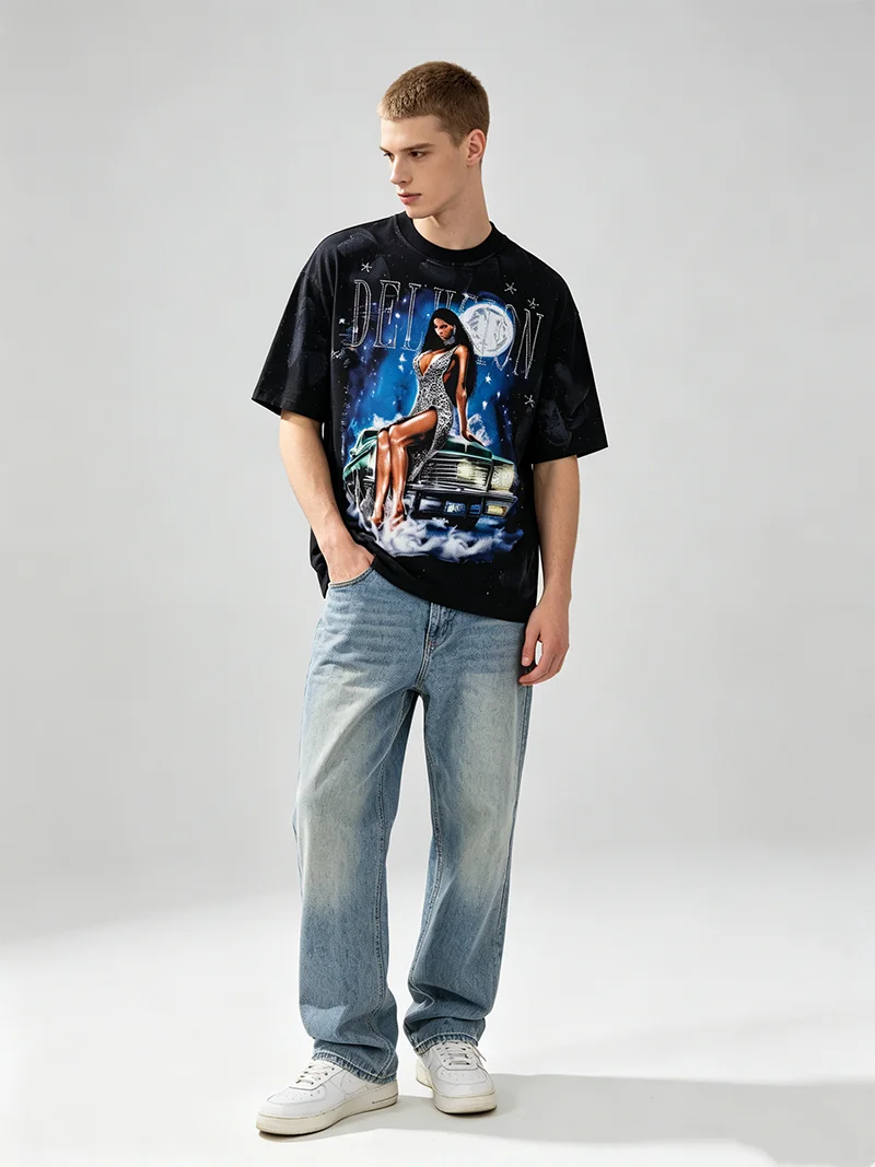 Vintage Schwarzes Graffiti Washed T-Shirt für Herren, Western Glamour Lady Grafik-Top, Oversized Y2K Rap Street T-Shirt, Distressed Kleidung 2026 – Detail 4