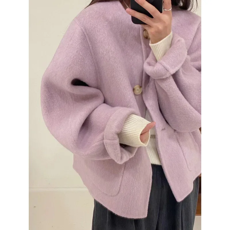 2024 Autumn and Winter New Solid Color Student French Style Short Loose Round Neck Wool Coat Women's Commuter Casual Wear