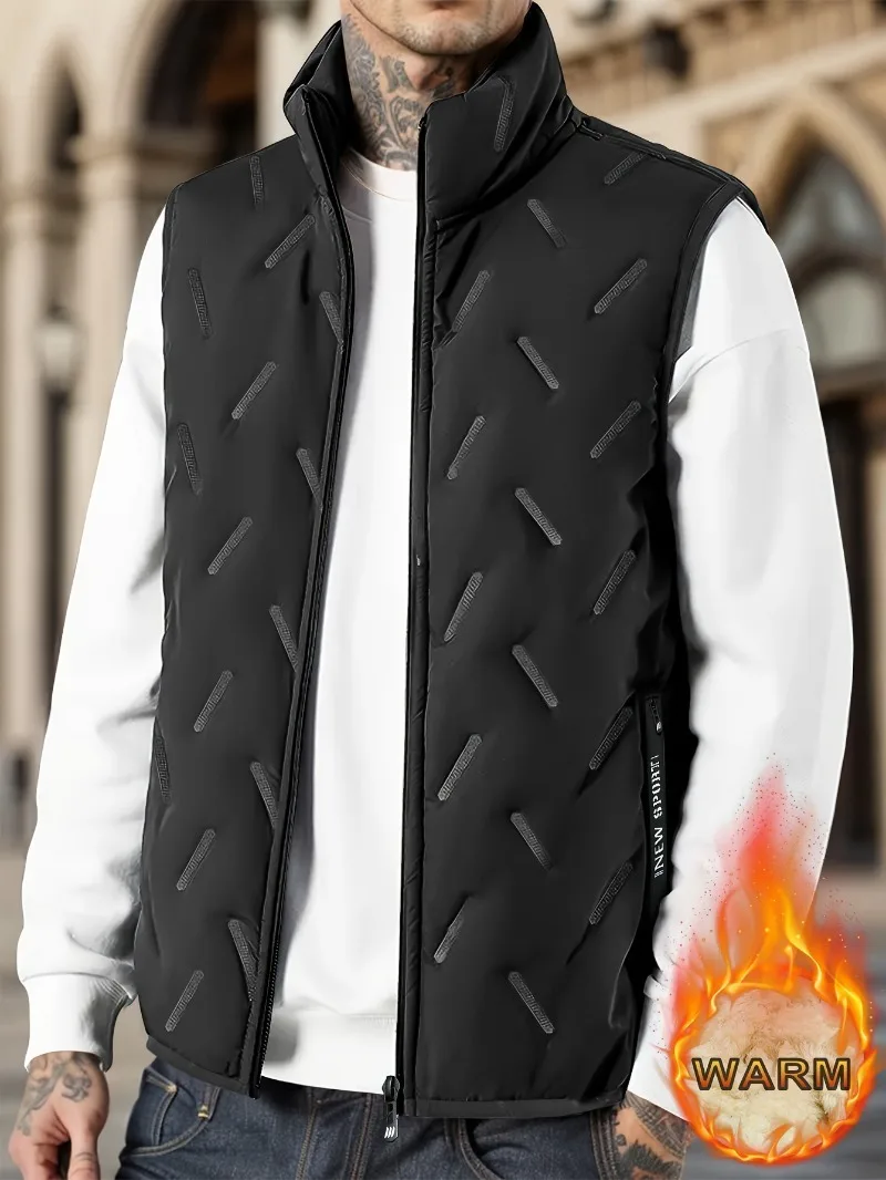 

[Warm Fleece-Lined Vest] Thick Warm Fleece-Lined Sleeveless Vest - Men's Polyester Solid Color Autumn/Winter Outdoor Casual Wear