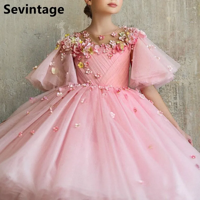 

Eightale Baby Pink Flower Girl Dresses With Flowers For Wedding Guest Kids Bridesmaid Tulle First Communion Dress