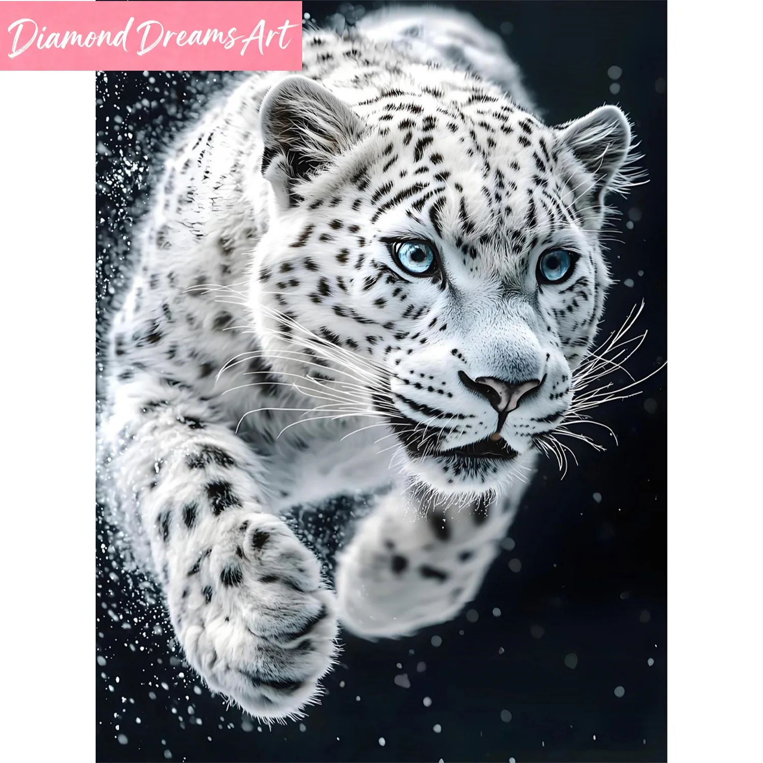DIY diamond painting kit with snow leopard pattern pouncing on prey, less full diamond art, multiple sizes to choose from,framel