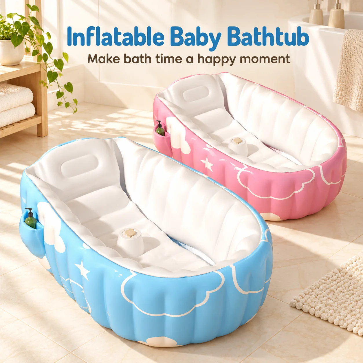1PC Inflatable Baby Bathtub Portable Foldable Toddler Bath Tub with Backrest Soft Air Cushion Side Pocket Cloud Print 98cm