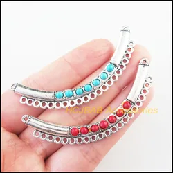 Fashion 3Pcs Retro Tibetan Silver Tone Moon Wave Blue&Red Stone Charms Connectors 8.5x66mm