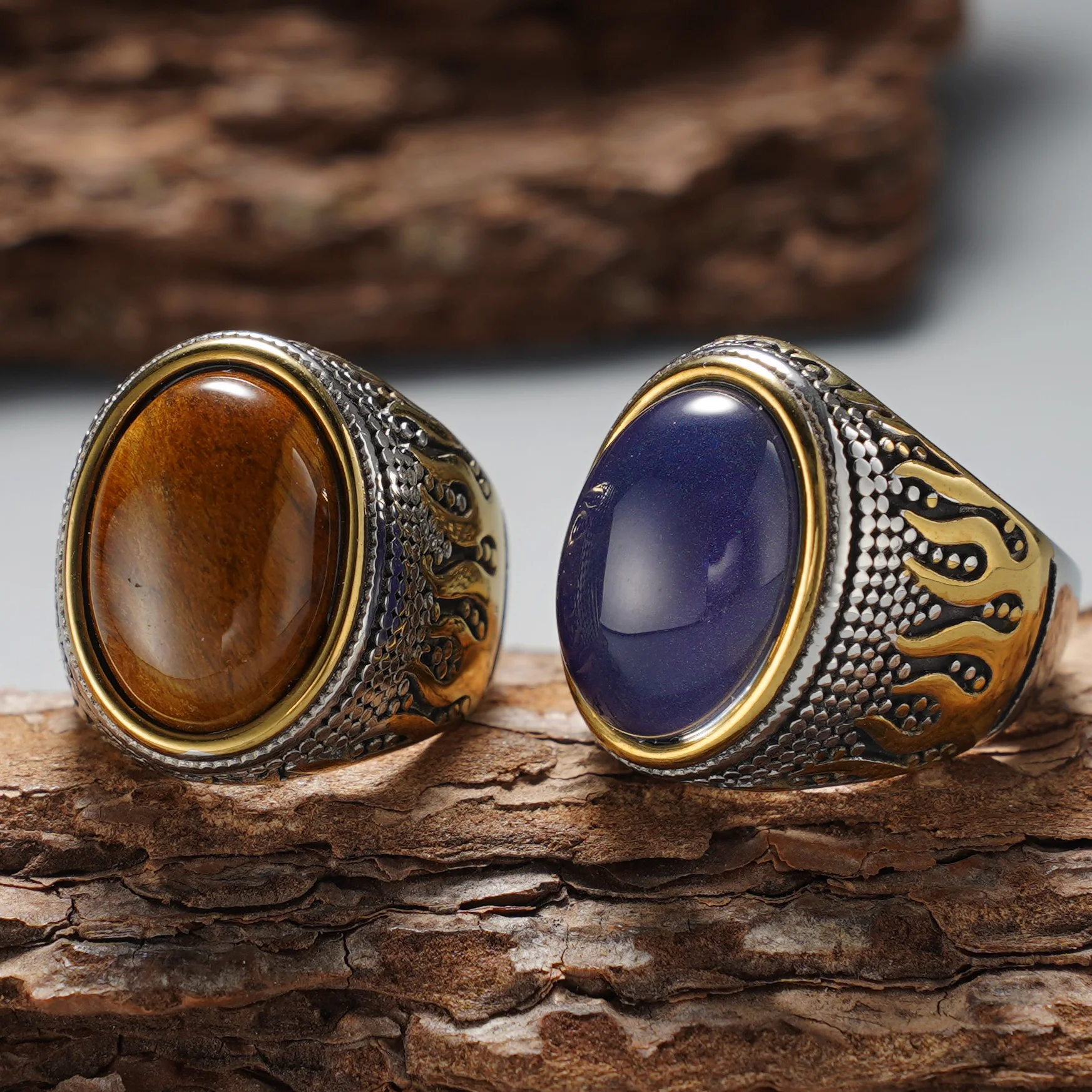 Herren Vintage 316L Edelstahl Zweifarbiger Ring, Eingelegt mit Tigerauge, Temp-Stein, Rotem Achat und Schwarzem Achat, für Tägliches Tragen und als Geschenk – Detail 1