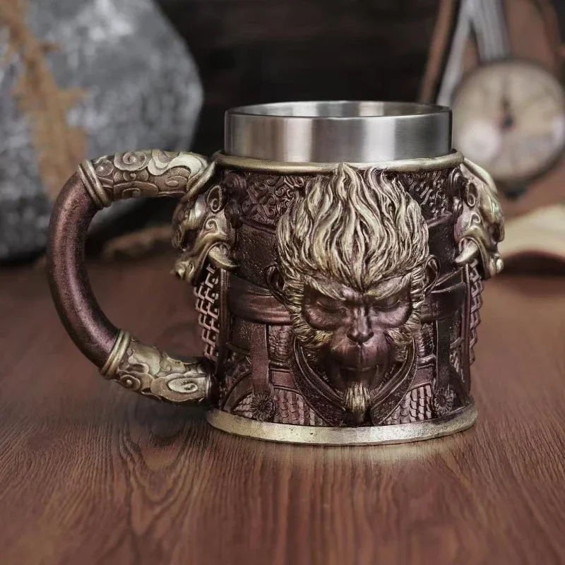 Hot Black Myth Wukong Resin Beer Mug Retro Handmade Stainless Steel Liner Coffee Mug Wine Glass Beer Jugs Gaming Gifts for Men