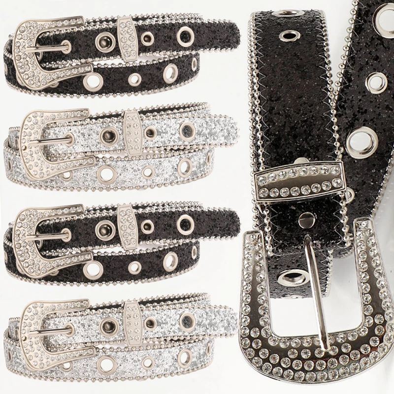 

Панк Блестящие ремни со стразами Бренд Y2k Bling Sequin Дизайнерские ремни из искусственной кожи Модный пояс Джинсы Брюки Декор Пояс для женщин и мужчин