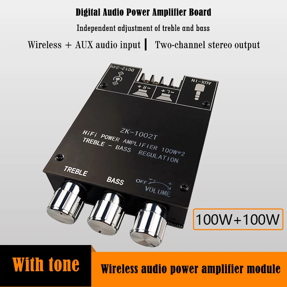 ZK-1002T 2.0 Channel HIFI Bluetooth Amplifier Board 100W x 2 Stereo Subwoofer Module with Treble and Bass Control