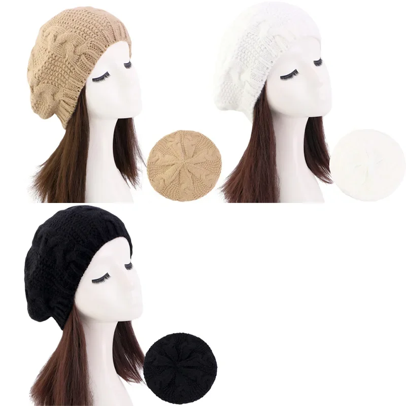 

Новый теплый зимний женский вязаный берет, французский художник, берет, плетеная мешковатая шерстяная шапка-бини, однотонная мешковатая шапка Ladeis