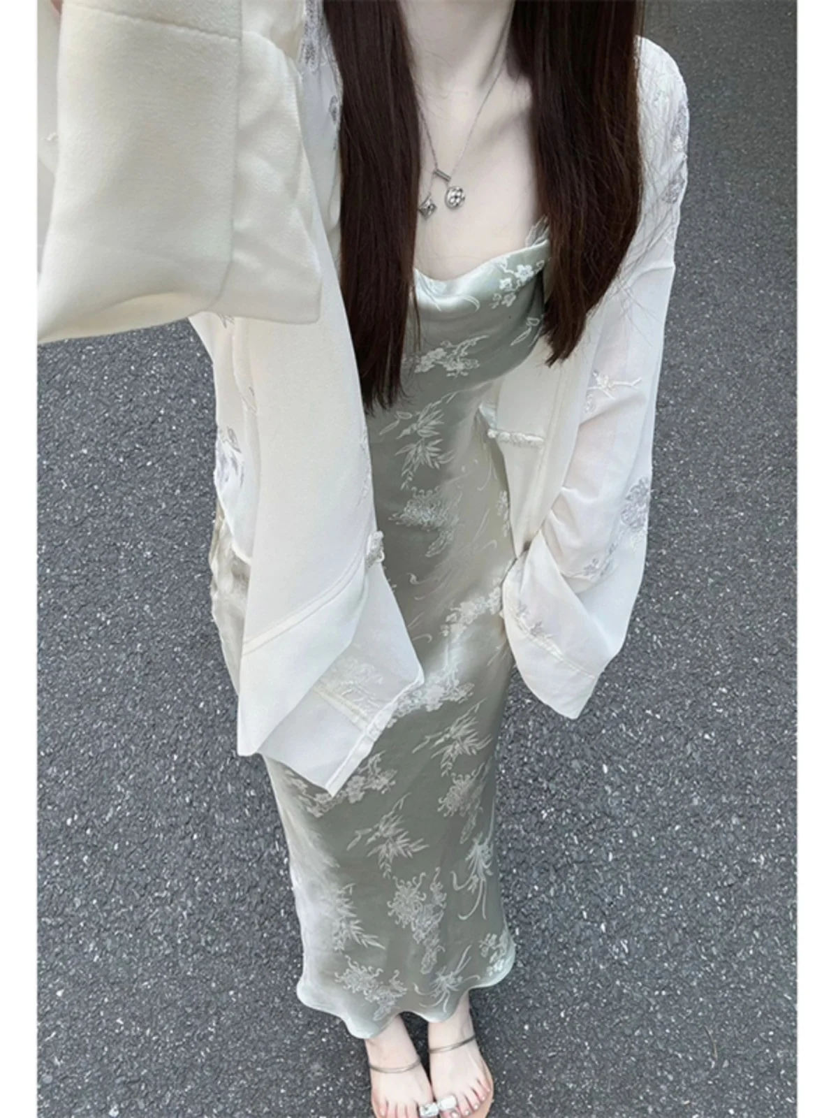 

New Chinese Style Floral Embroidery Thin Cardigan And Dress Set Women's Summer Fashion Outfit Lightweight Long Sleeve Crew Neck