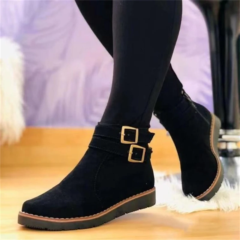 Autumn/Winter New Style Solid Color Buckle Design Short-tube Women\'s Boots Round Toe Flat Bottom Model Fashion Women\'s Boots