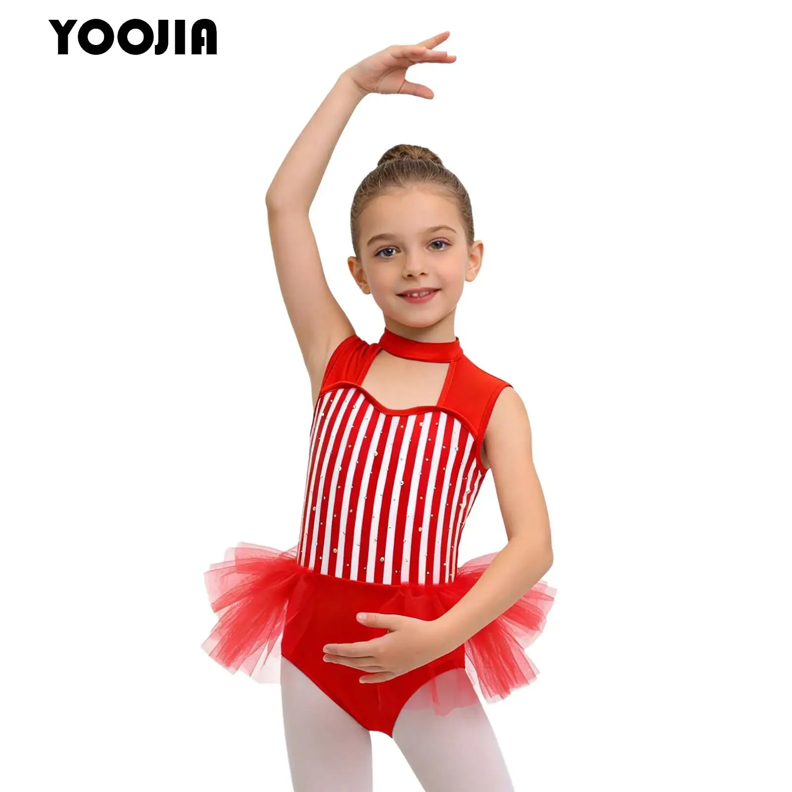 

Halloween Circus Ringmaster Costume for Kids Girls Striped Leotard Jumpsuit Shiny Rhinestone Waist Mesh Ruffled Overlay Bodysuit