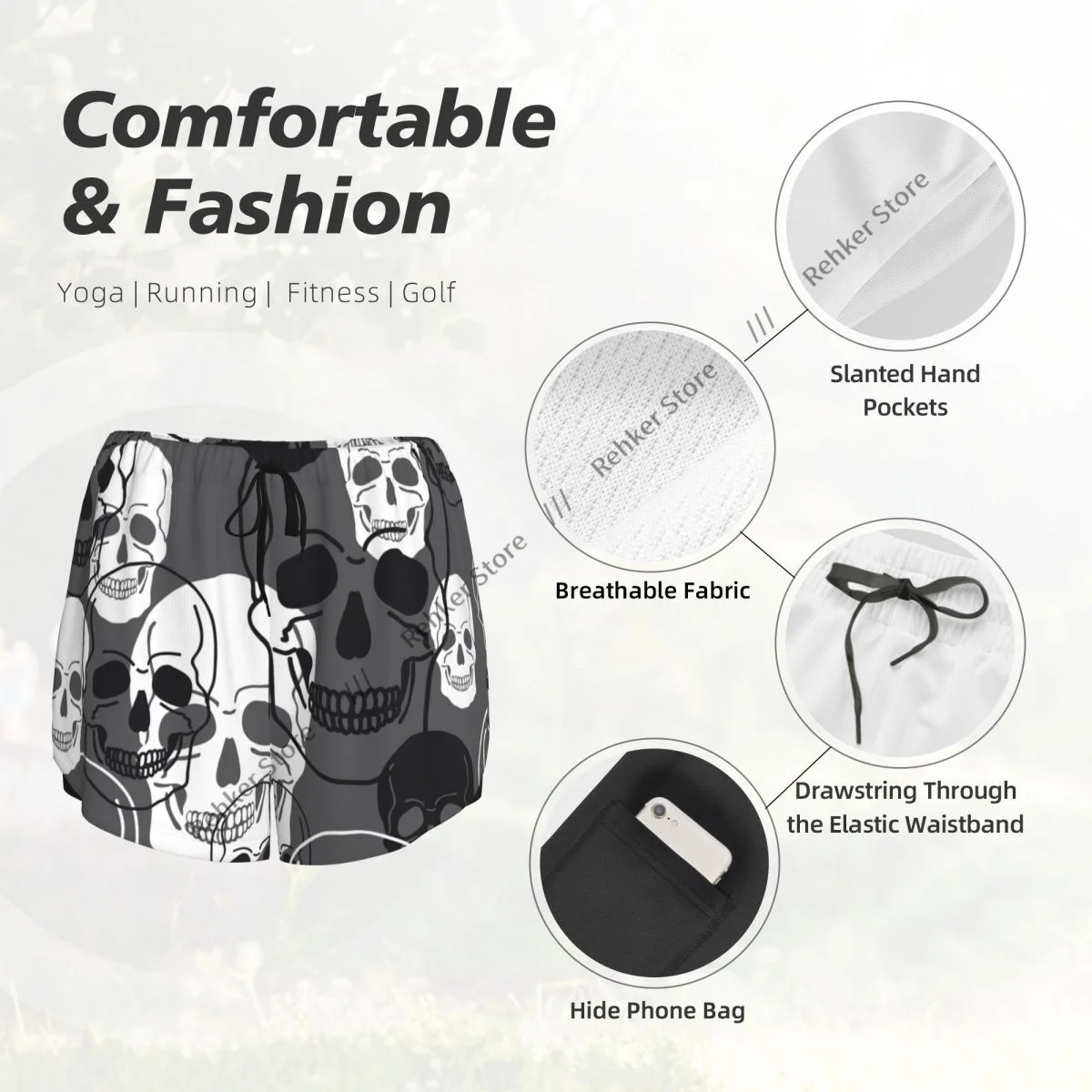 Calções esportivos femininos abstratos crânios impressão moderna correndo yoga fitness treinamento de badminton de secagem rápida com bolso