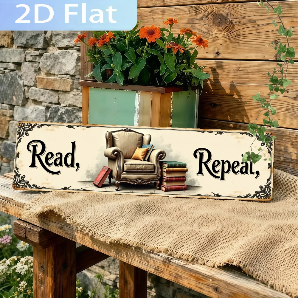Placa de Metal 2D Plana 'Ler, Repetir, Cadeira, Livros.' em Estilo Vintage de Fazenda, Perfeita para Decoração de Parede