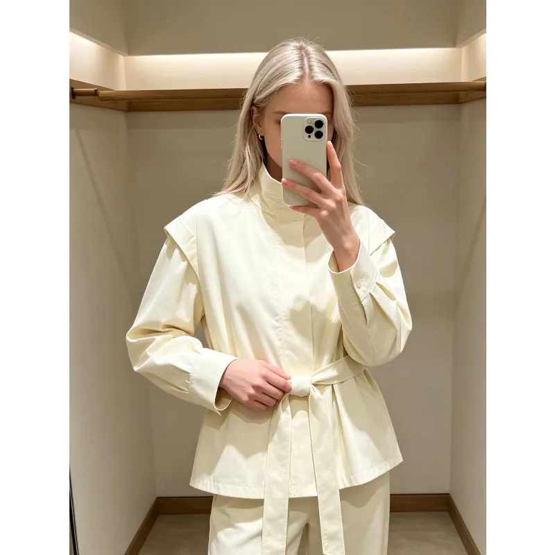 New Women S Minimalist Outfit High End Feel Stand Collar Belted Suit Jacket Long Sleeve Button Closure Polyester Fiber