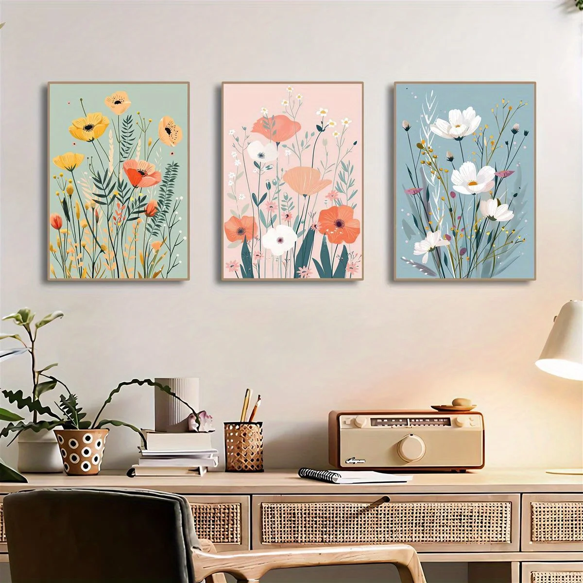 frameless Canvas Painting 3pc frameless Botanical Floral Canvas Wall Art Set - Blue Pink Green Flowers in Canvas Decor for Bedr