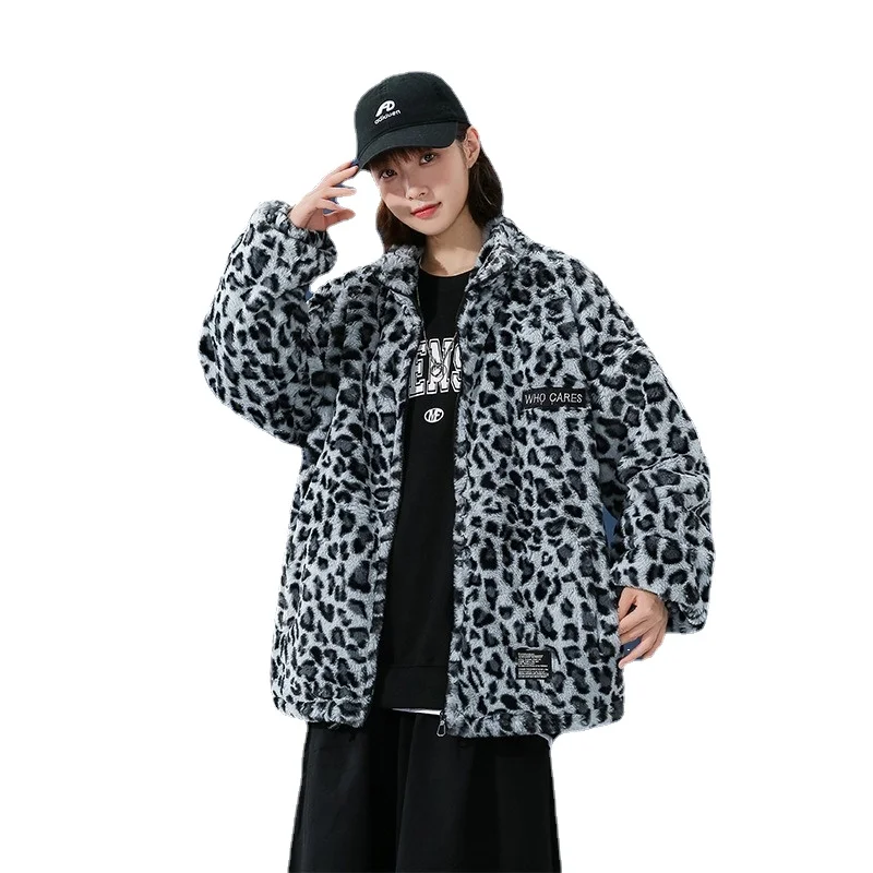 

ZXRYXGS New Autumn Winter Temperament Trend Loose Imitation Fur Coat Women Jacket Leopard Print Coat Men Couple Stand Neck Coat