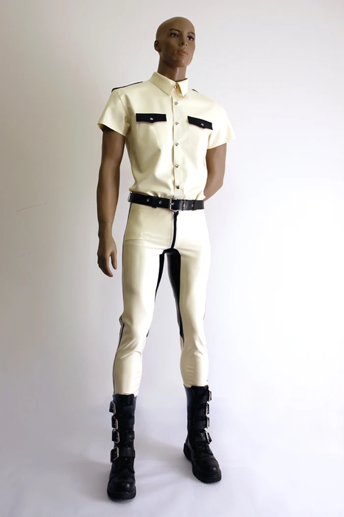 

Latex Unifom Catsuit Rubber Bodysuit Clothing Short Sleeve Black White Suits Crotch Zipper For Men W/o Belt