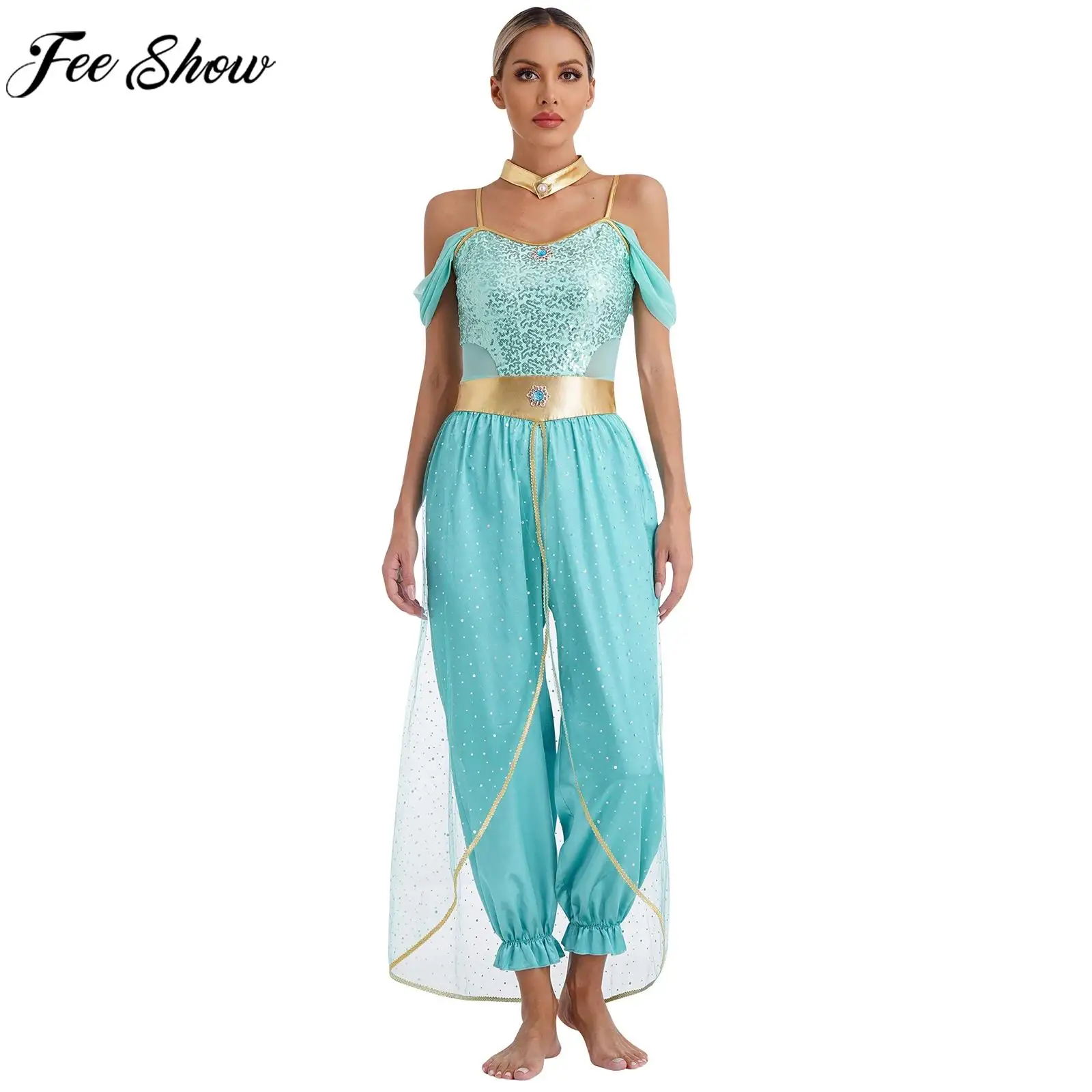 Frauen Halloween Jasmin Prinzessin Cosplay Kostüm Karneval Bauchtanz Performance Kleidung Glänzende Pailletten Mesh Body mit Halsband