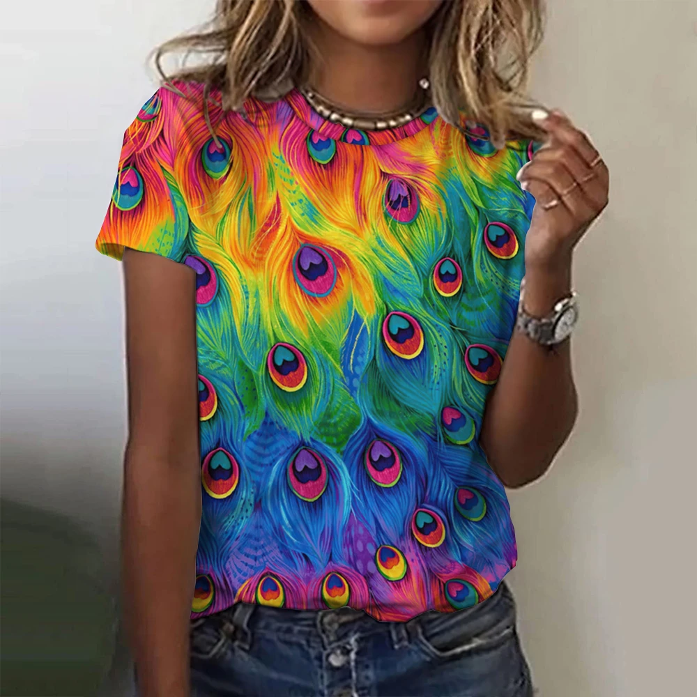 Summer Fashion Women 3d Print T-Shirts Peacock Feather Print Top Harajuku Colorful Personality Short Sleeve Oversized Clothing