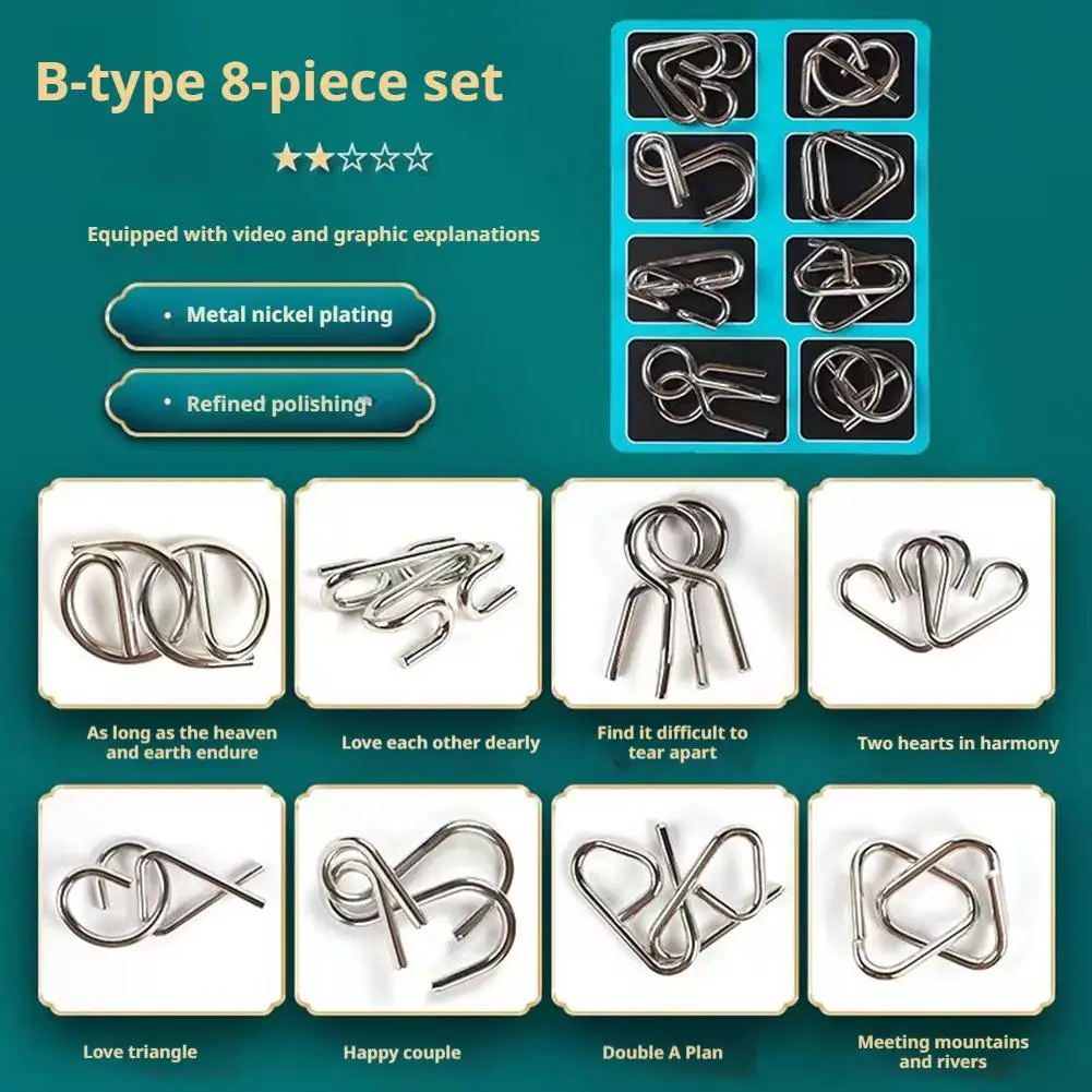 Metalen Draad Puzzel Set van 8, Brain Teaser IQ Test Ontwikkelaars Iron Link Ontgrendelen Interlock Game Chinese Ring Goocheltruc Speelgoed