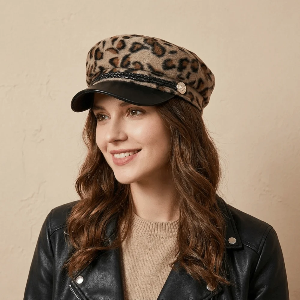 Retro Leopard Print Beret Big Head Circumference Korean Style Octagonal Hat Captain Cap Versatile Women Artist Hat Work
