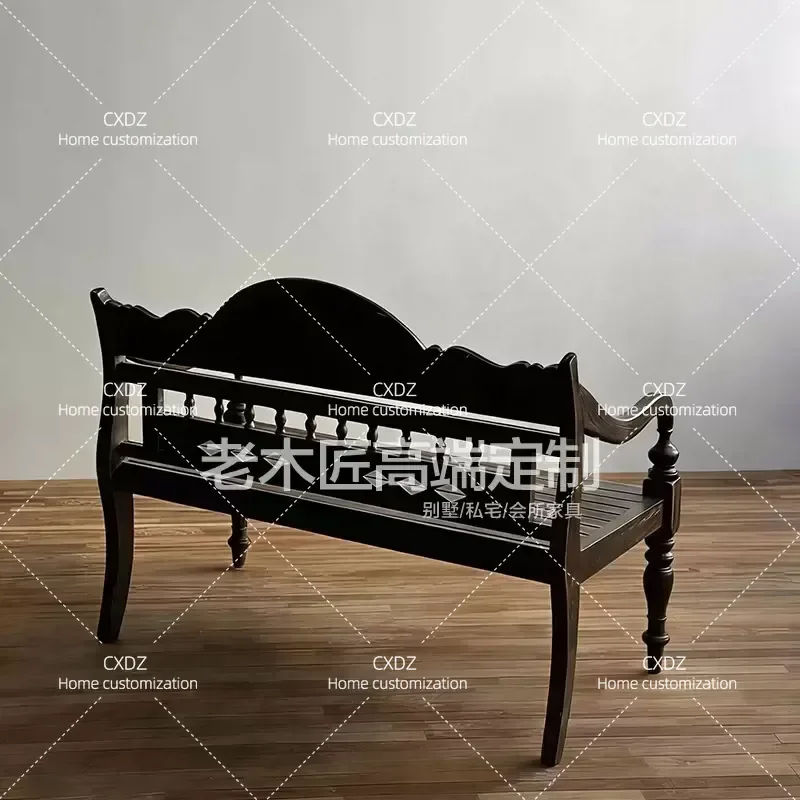 Vintage Carved Solid Wood Double Three Person Sofa European Medieval Style Old Armrest Bench for Restaurant Living Room