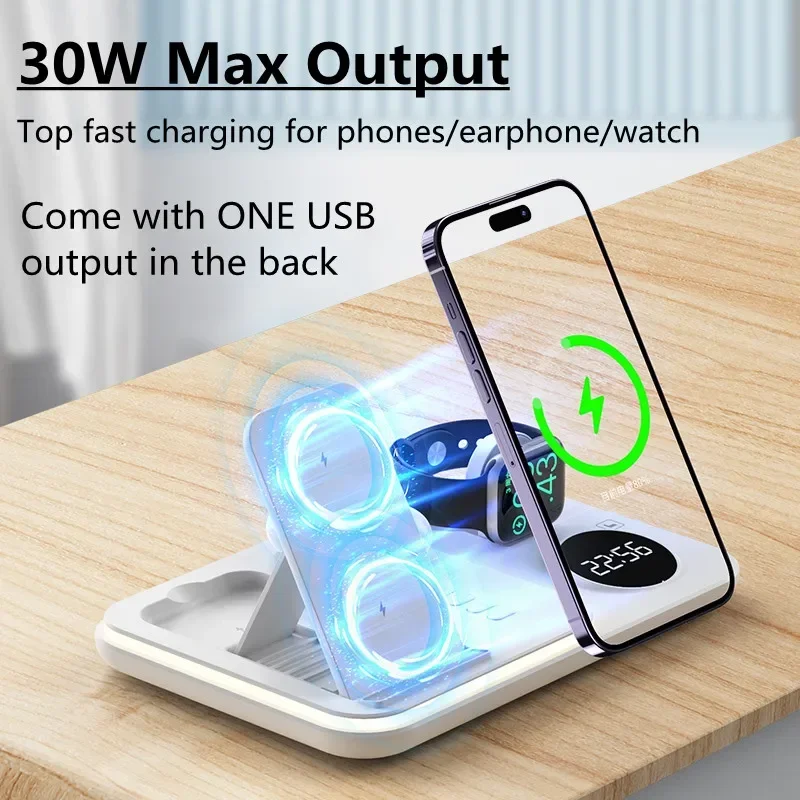 

30W Fast Charging Station Dock 5 In 1 Wireless Charger Stand RGB Light Alarm Clock For iPhone 12-17 iWatch Samsung Galaxy Watch