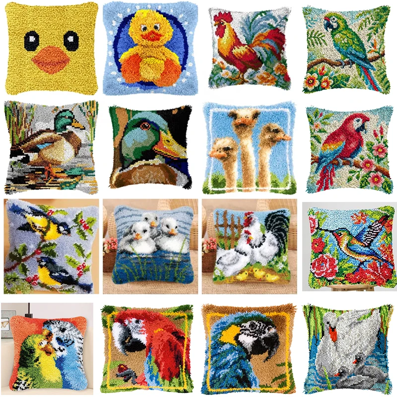 Lindos Kits de Ganchillo de Latch Hook con Diseños de Loros, Pájaros y Patos, para la Confección de Cojines, Fundas de Cojín, Bordado, Alfombras y Tapetes, DIY para Manualidades de Bordado y Cojines de Ganchillo