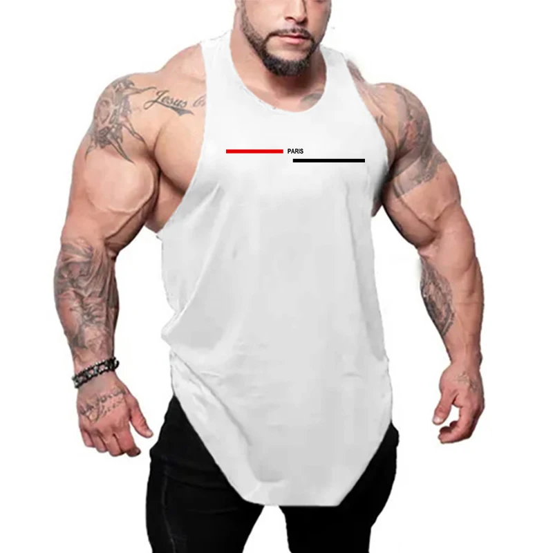 Fashion Paris Print Gym Fitness Mens Casual Racer Back Loose Tank Tops Summer Cotton Sleeveless Breathable Bodybuilding T-Shirts