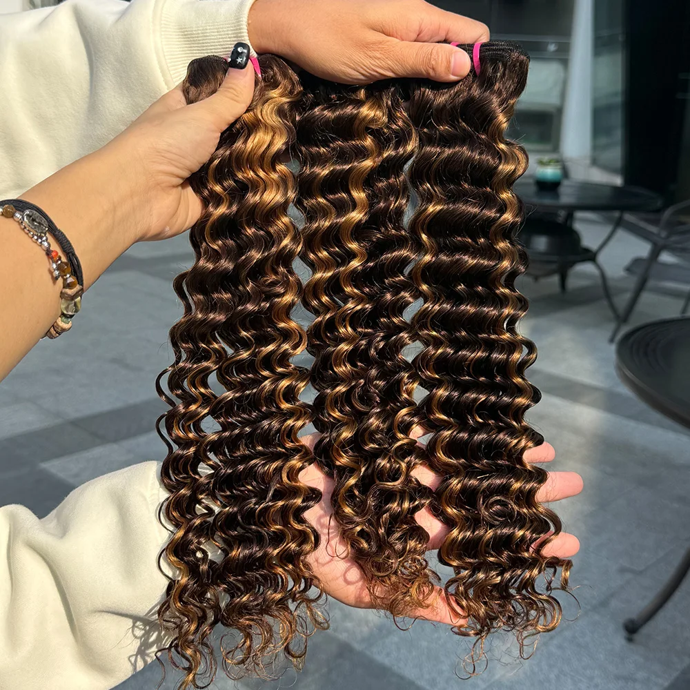 Onda profunda pacotes de cabelo humano 1-4 pacotes disponíveis 100% extensões de trama de cabelo humano real trama dupla oceano p4/27 cor para mulher.