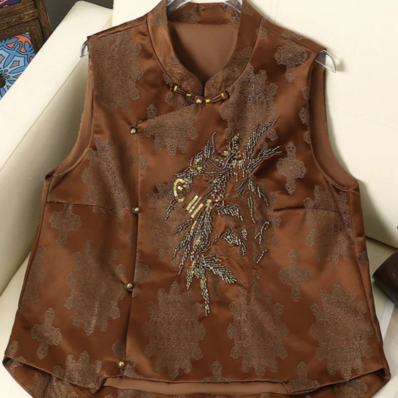 Elegant Mother's Qipao Tops Sleeveless Beads Cheongsam Women Jacquard Satin Chinese Style Tang Clothes Mandarin Collar Blouse